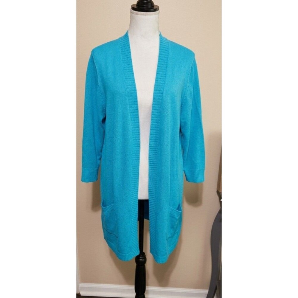 J Jill  Cardigan Blue 100% Linen Knit Open Front Tunic  Sweater 3/4 Sleeve Sz L